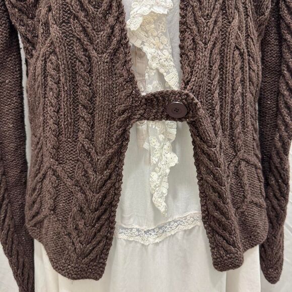 vintage y2k max studio brown cable knit cardigan silk wool blend - Picture 3 of 7